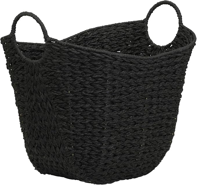 Household Essentials Handwoven Paper Rope Storage Basket with Metal Frame and Handles, Black