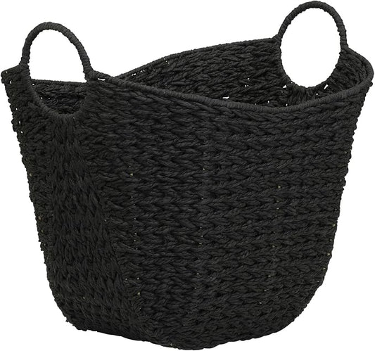 Household Essentials Handwoven Paper Rope Storage Basket with Metal Frame and Handles, Black