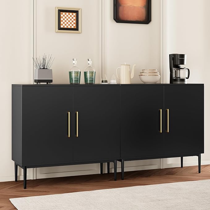 Set of 4 Black Storage Cabinet with Doors, Modern Accent Cabinet, Free Standing Cabinet with Adjustable Shelf, Wooden Buffet Sideboards for Living Room, Kitchen, Dining Room, Entryway