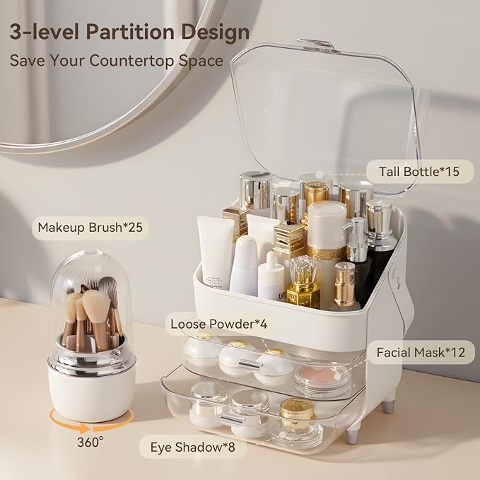 Makeup Organizer for Vanity with Brush Holder, Lid and 2 Drawers, Sliver | Large Capacity Bathroom Counter Organizer for Skincare, Cosmetic Storage, Dustproof, Waterproof, Teen Girl Gifts