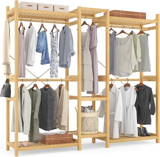 Bamboo Closet System Clothes Rack, Large Freestanding Garment Rack Clothing Rack for Hanging Clothes with 7 Storage Shelves and 5 Rods, Open Wardrobe Organizer with 4 Hooks, Natural