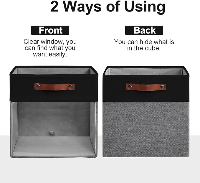 Storage Cubes, 4 Pack Linen Foldable Storage Bins with Clear Window and 2 Handles, 13x15x13 Storage Cube Bins for Shelf Closet, Kallax, Clothes, Books - (Gray / Black)