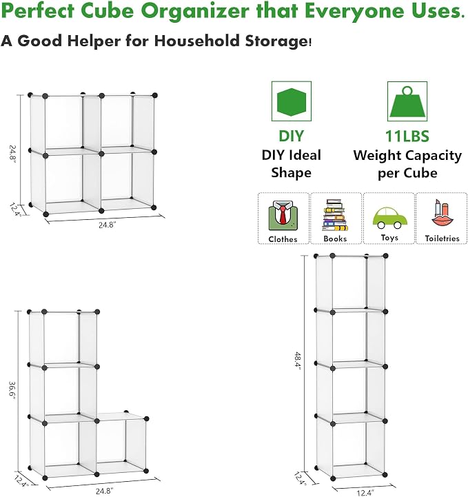 C&AHOME Plastic Cube Storage Organizer, 4-Cube Shelves Units, White | DIY Modular Bookshelf, Portable Closet Organizers and Storage Ideal for Bedroom, Office, 24.8" L x 12.4" W x 24.8" H