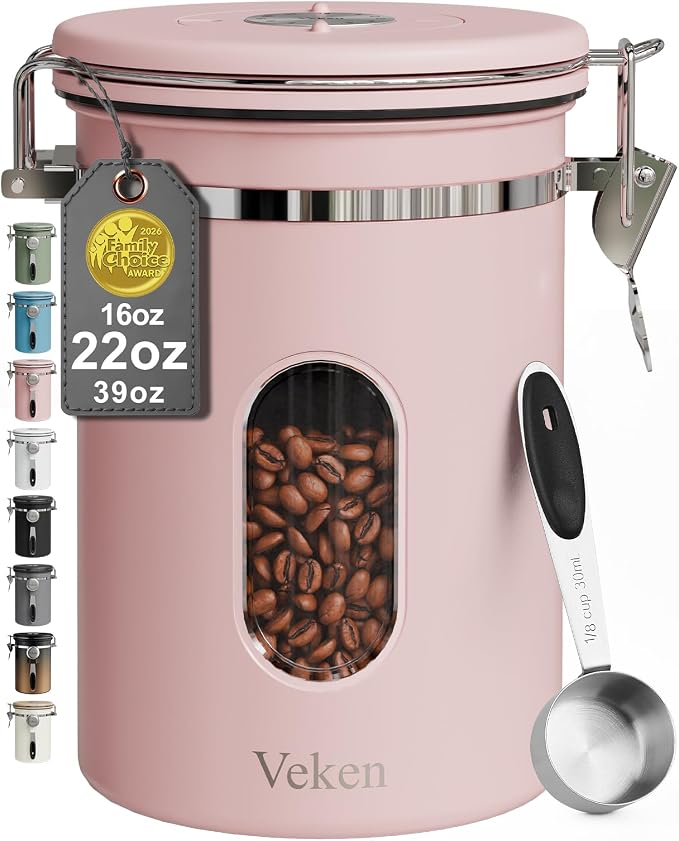 Veken Coffee Canister with Window, Airtight Stainless Steel Container, 22OZ | Date Tracker,Kitchen Food Storage Organizers for Beans, Ground, Espresso, Rice,Tea, Sugar,Cereal, Gifts,Lids,Jars,Scoop, Pink