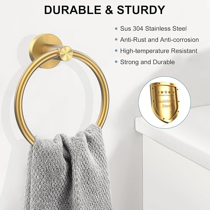 SetSail Towel Holder Screw-in Gold Towel Ring for Bathroom Wall Stainless Steel Hand Towel Holder for Bathroom, Kitchen Drill Hole