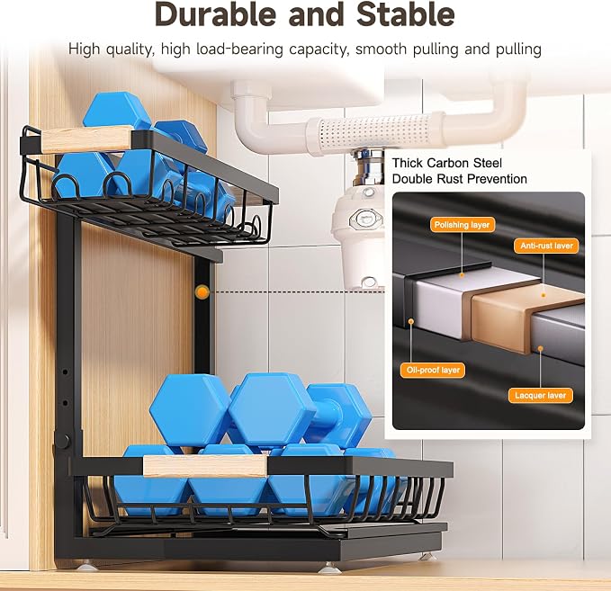 Sevenblue 2-Pack 2-Tier Height Adjustable Under Sink Organizer & Storage | Multi-purpose storage for kitchen & bathroom cabinet. Large black shelf, height adjustable design for space-saving.