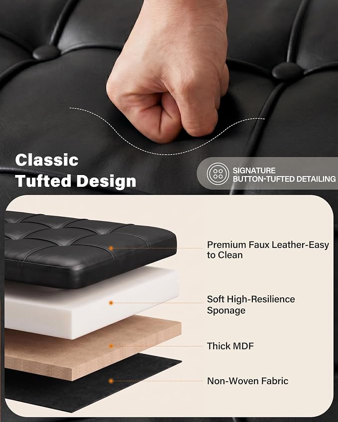 Entryway Bench, Modern PU Leather Upholstered End of Bed Bench Black | Shoe Bench with Tufted Seat, 660 lb Capacity, Sturdy Metal Legs, Mid-Century Style, For Hallway, Living Room, Bedroom, Foyer
