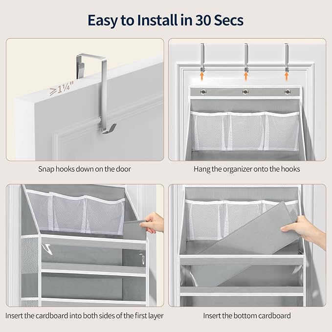 Yecaye 7 Tier Over the Door Organizer, Large Capacity Door Organizer Hanging with Clear PVC Windows, Behind the Door Storage for Bedroom Nursery Closet Laundry Pantry Bathroom, Grey