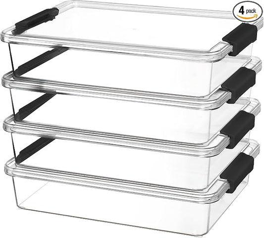 Vtopmart 4 Pack 6 Qt Plastic Storage Bins with Lids, Sensory Bins, Black | Stackable Clear Containers for Organizing School & Office Supplies, Arts & Crafts Organizers and Storage for Home, Craft Room