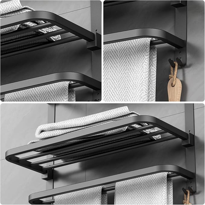 CAXIMSY 22.8Inch Towel Rack for Bathroom and Lavatory Towel Hanger with Wall Mount Towel Bars 304 Stainless Steel No Drill (Collapsible Black Towel Rack)