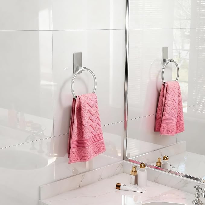 STWWO Hand Towel Holder for Bathroom, Brushed Nickel Towel Ring Adhesive | Bathroom Towel Holder Self Adhesive for Bath RV Kitchen, No Drill Hole