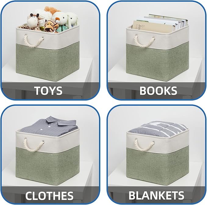 Temary Cube Storage Bins 13x13 Storage Cubes Basket for Gifts Empty, 4 Pack Large Storage Basket with Handles, Decorative Storage Baskets for Home (White&Green)