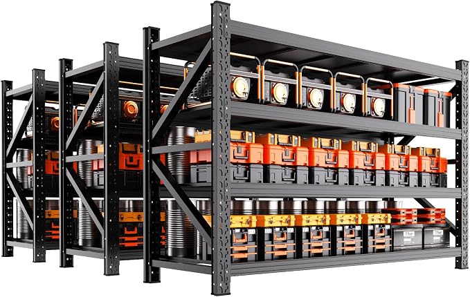 3-Pack 4 Tier Garage Shelving Heavy Duty Storage Shelves Metal Shelving Unit,6000LBS Adjustable Heavy Duty Shelving 79" W x 24" D x 73" H Black