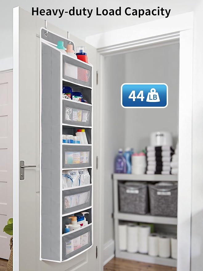 JARLINK Over the Door Organizer for Bedroom, Pantry, Bathroom, 5 Shelf Grey | Anti-Tilt Design, 44 lb Load Capacity, Hanging Door Organizer with 5 Large Capacity Pockets, Behind Door Storage for Nursery