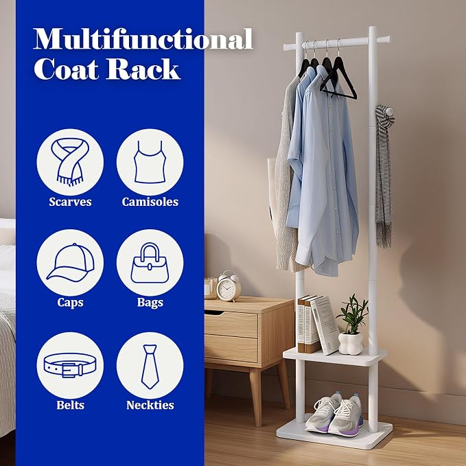 Wooden Coat Rack Stand,Heavy Duty Garment Rack with Shelves,Freestanding Clothes Rack Organizer for Entryway Bedroom Living Room(White)