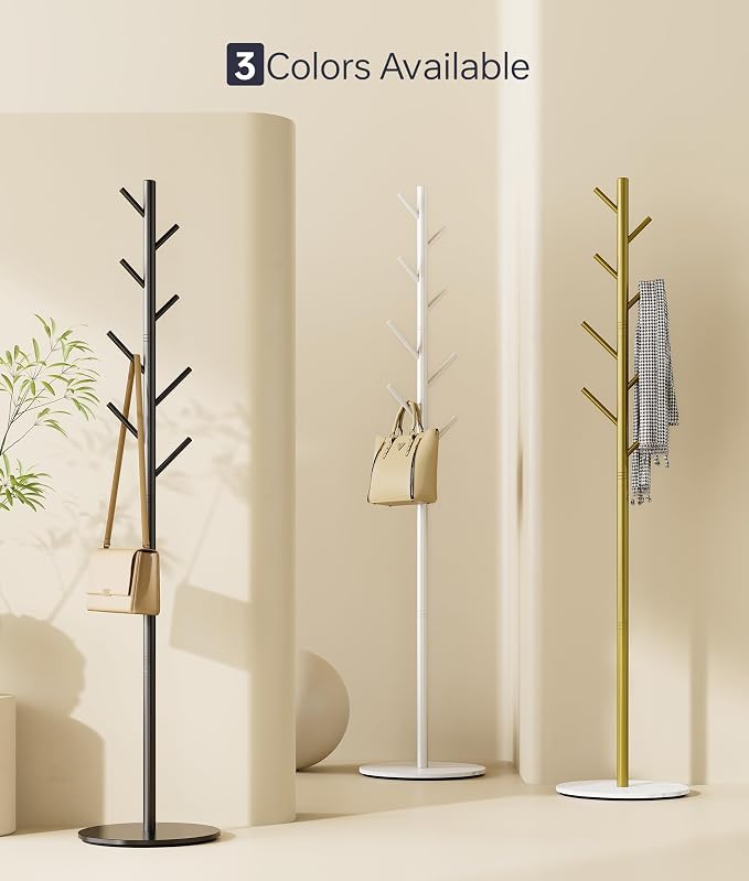 Coat Rack with 8 Hooks, 3 Adjustable Heights, Modern Hall Tree, Sturdy Metal Clothes Stand with Sintered Stone Base for Entryway, Office, Bedroom, for Coats, Hats, Handbags and Scarves, Gold