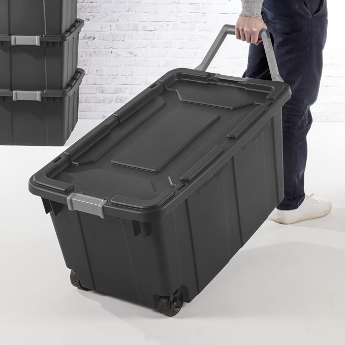 40 Gallon Heavy-Duty Rolling Storage Bins 2-Pack, Dark Gray Industrial Plastic with Pivot Handle, Leakproof Lid & Latches, for Garage Warehouse Equipment Transport & Storage