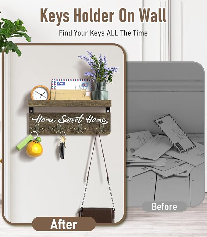 buways Key Holder Wall Mount with 8 Rustic Hooks and Cozy Home Sign（Brown） | Solid Wood,lots of colors, Floating Shelf for Keys, Mail, and Daily Essentials in Entryways, Hallways or Home Decor