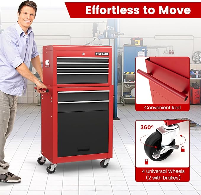 Goplus Tool Chest, 6 Drawers Rolling Tool Cabinet with Detachable Top Toolbox, Universal Lockable Wheels, Protective Liner, Auto Lock, Metal Tool Storage Cart, Tool Box for Garage Workshop