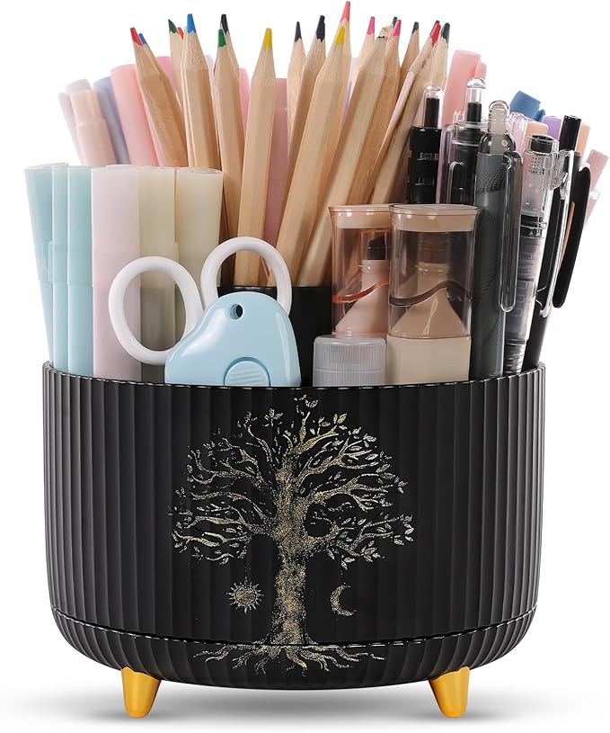 SKYDUE 360 Degree Rotating Desk Organizer, Dual-Purpose Pencil Pen Holder for Desktop, Desk Pen Organizer with 5 Slots, Office Supplies, Pencil Cup for Office, School, Home