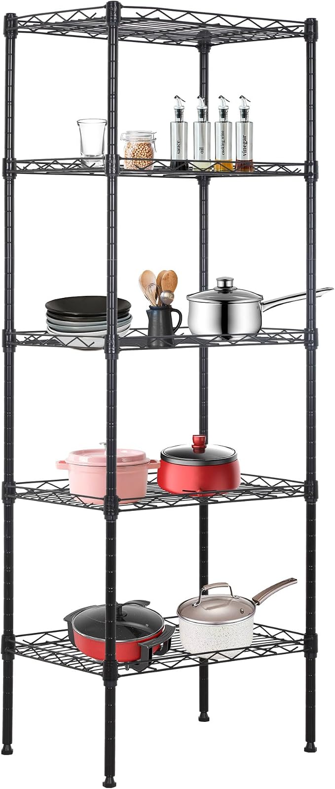 BestOffice | 5-Tier Wire Shelf | 17" x 12" x 48" | Black | Storage Shelves with Adjustable Racks, Holds upto 750 lbs | Rust-Resistant, No-Tool Assembly | For Home, Garage