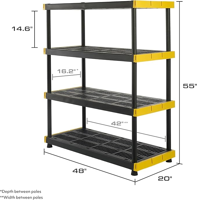 CX Heavy Duty 4-Tier Garage Storage Shelves + 4-pack 27-Gallon Bins & Lids | Garage organizing system with 4-tier shelf + 4 plastic 27-gal totes, 200 lbs/shelf, 50.1H x 48W x 20D, Black & Yellow