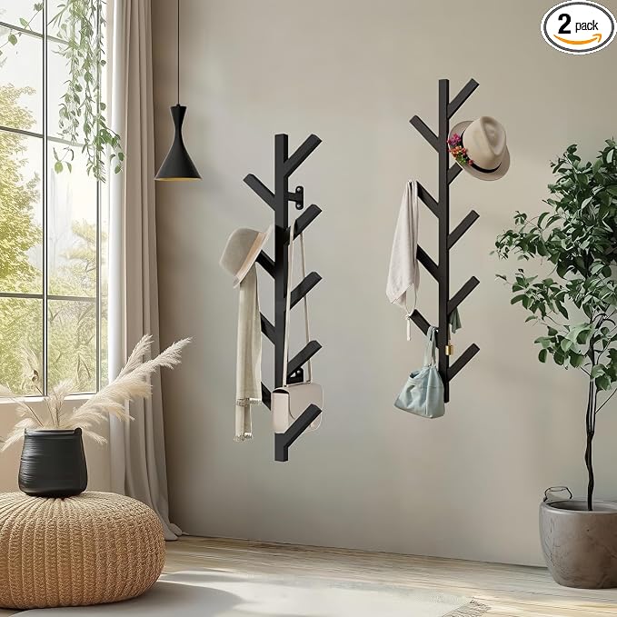 Vlush 2Pack Wall Mounted Coat Rack - 9 Hooks, Modern Metal Design, for Hats, Coats, and Bags - Suitable for Entryways and Bedrooms - Black (37.8" Height)