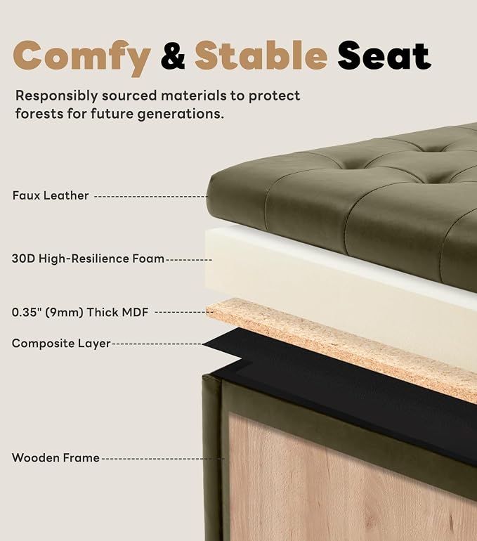 Tbfit Large Square Storage Ottoman Bench, Button Tufted Upholstered Coffee Table Ottoman with Wooden Legs, Oversized Storage Ottomans Toy Box Footrest for Living Room, Green PU