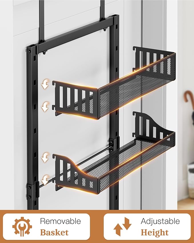 POKIPO 8-Tier Over the Door Pantry Organizer, Large Metal Door Spice Rack with Adjustable Basket, 2 in 1 Wall Mount or Hanging Heavy-Duty Pantry Door Storage Shelf for Kitchen and Bathroom, Black
