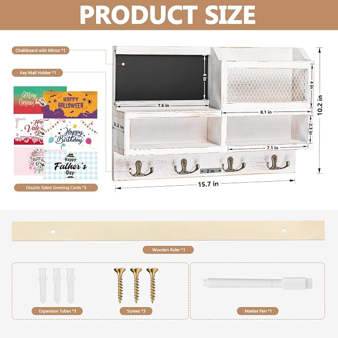 Key Holder Wall Mount, Wooden Mail and Key Organizer, White | Rustic Farmhouse Style, 4 Double Hooks, Includes 2 Storage Box, Small Shelf, Mail Slot, for Entryway, Doorway, Hallway, RV