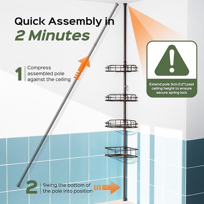 HAMITOR Shower Caddy Tension Pole: 4-Tier Rustproof Bathroom Corner Shelf Organizer for Renters - No Drill Large Shampoo Storage Rack Adjustable 47-121 Inch - Space Saving Bathtub Accessory - Bronze