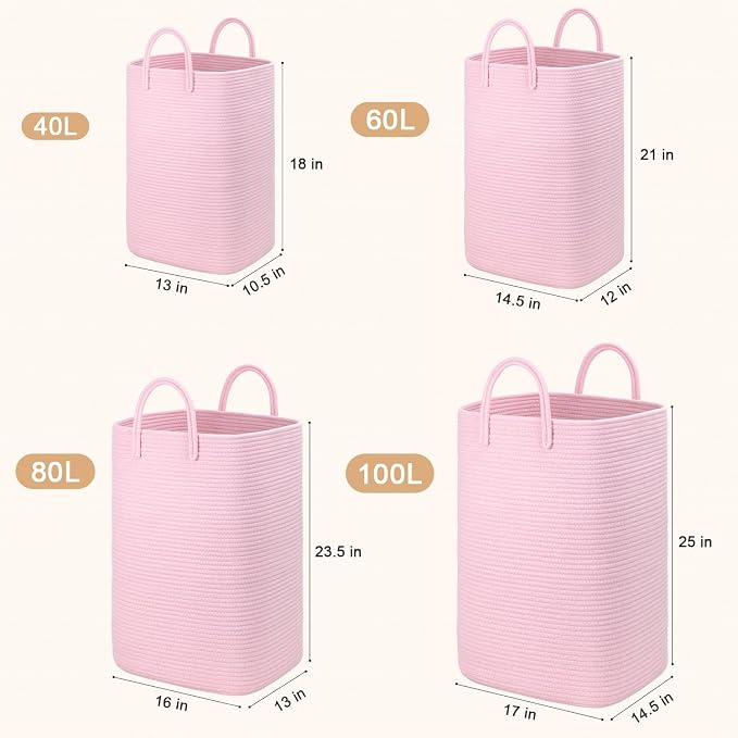 Artfeel Laundry Basket,Woven Cotton Rope Laundry Hamper,100L Versatile Storage for Dirty Clothes,Baby Toys,and Blankets in Bathroom, Nursery,and Living Room