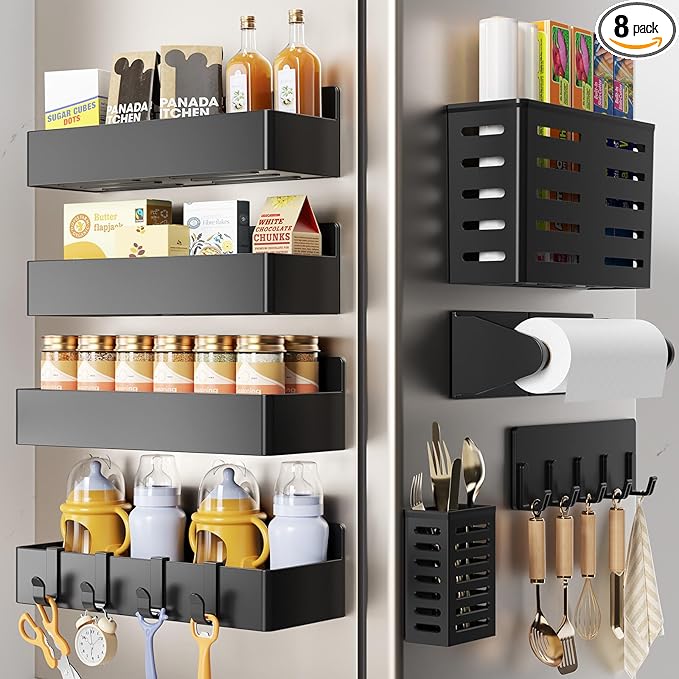Magnetic Spice Rack for Refrigerator,8 Pack Magnetic Shelf,Fridge Magnet Organizer with Paper Towel Holder,Utensils Racks,Hook Rack,Deepened Basket,Fridge Organizers and Storage Black(8 Pack)