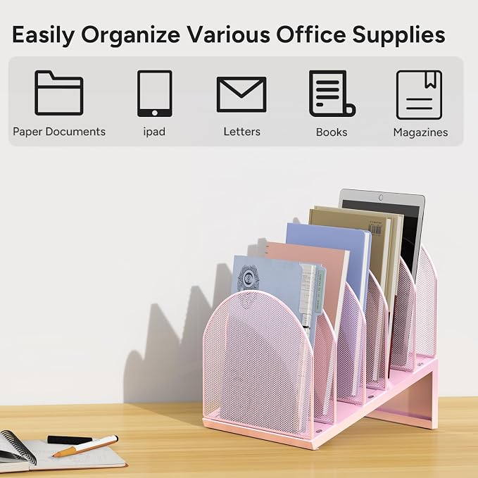 5-Section Desk File Organizer | Metal Mesh Folder Organizer for Documents, Mail & Office Papers (Pink)