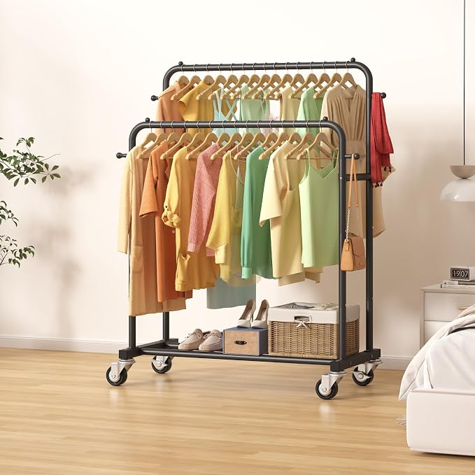 Laiensia Double Rods Garment Rack with Wheels, Clothing Rack for Hanging Clothes,4 Hooks, Multi-functional Bedroom Clothes Rack, Black
