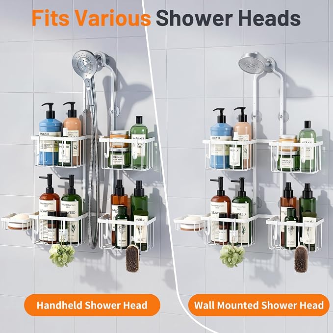 Luxspire Hanging Shower Caddy Overhead, Shower Organizer Hanging, White | No Drilling Required, Height-Adjustable, Thickened Rustproof Stainless Steel, Heavy-Duty, Include 8 Hooks And Soap Holder