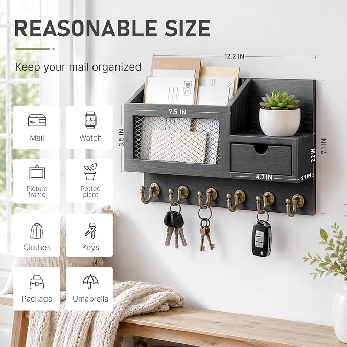 FifthQuarter Key Holder on Wall with Storage Drawer and 6 Sturdy Key Hooks | Wooden Entryway Organizer and Decorative, Easy Installation