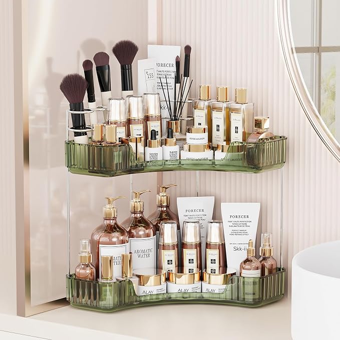 Asayuee 2-Tier Corner Bathroom Counter Organizer with Top Toothbrush Holders,Large Makeup Organizer Countertop with Brush Holder,Skincare Organizers Corner,Exquisite Vanity Organizer(Green, 2 Tier)
