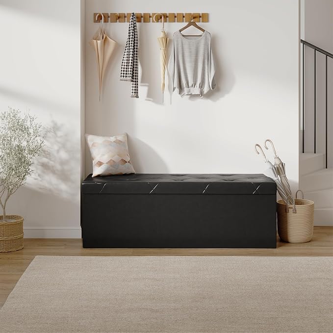 Sweetcrispy 43 Inch Storage Ottoman Bench, Folding Ottoman with Storage | Foot Rest Stool with Padded Seat, End of Bed Storage Bench for Living Room, Bedroom, Loads 660 LBS, Synthetic Leather, Black