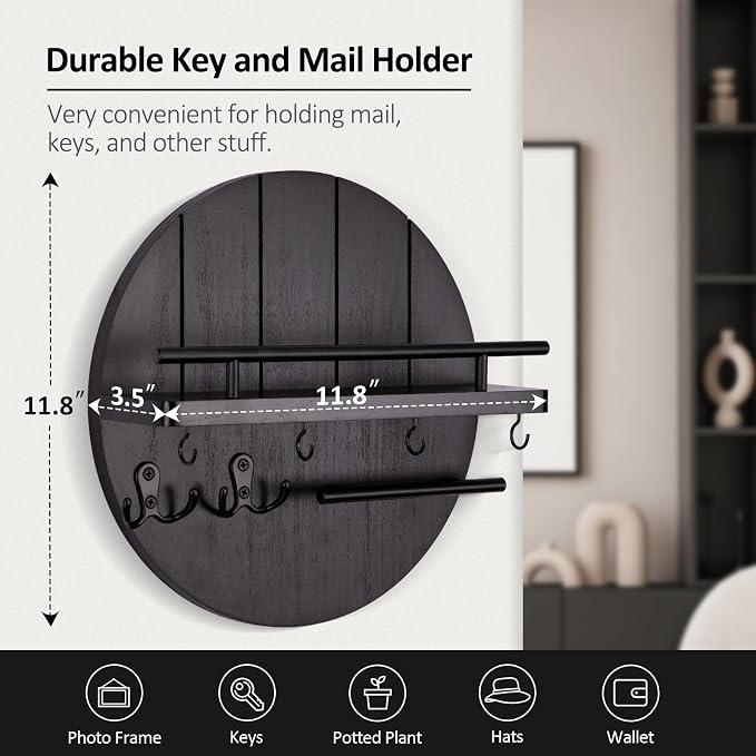 Nekon Rustic Key & Mail Organizer, Circular Wooden Key Hanger with 6 Hooks & Shelf - Wall Mount Entryway Hallway Kitchen (Black)