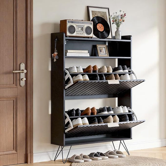 Karl home Black Slim Shoe Storage Cabinet, Entryway Shoe Organizer | Space-Saving Freestanding Shoe Rack Organizer, Versatile Storage Furniture Suitable for Entryway and Living Room
