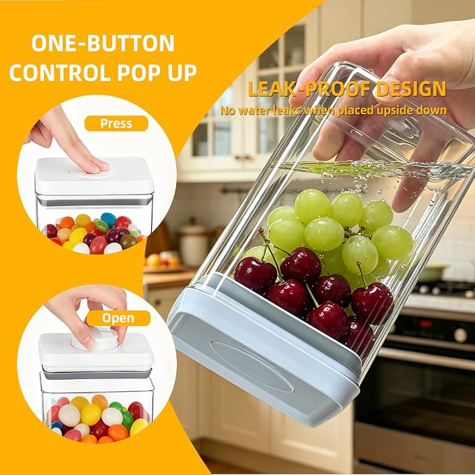 Pop Push Button Airtight Food Storage Containers Baking Set 5 Pcs | BPA-Free Stackable Canisters with Scoops – 3 Sizes for Flour, Sugar, Baking Soda, Cocoa Powder, Pantry & Baking Essentials