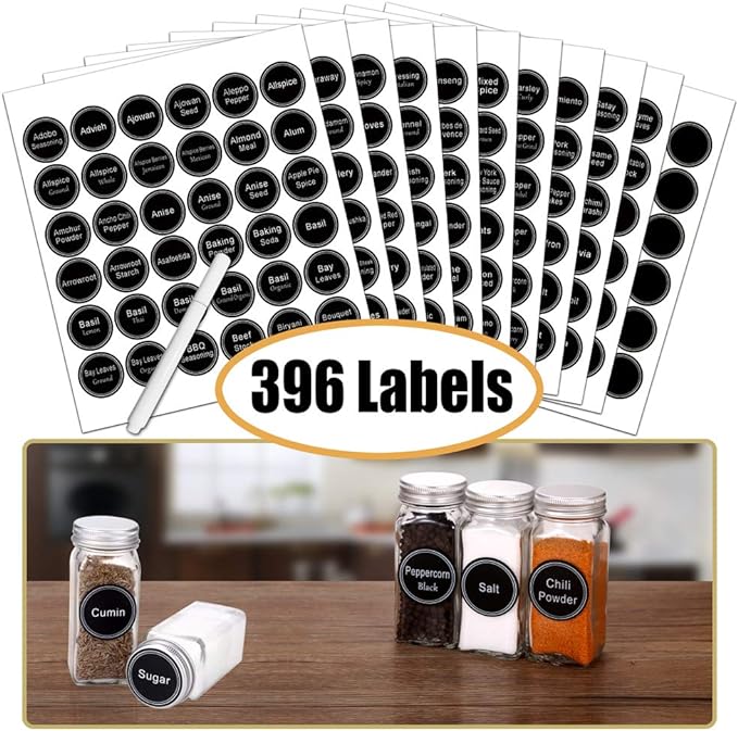 SWOMMOLY Spice Rack Organizer with 36 Spice Jars 4 oz, 396 Spice Labels | Chalk Marker, Funnel Set, Spice Organizer for Cabinet, Countertop, Pantry, Cupboard & Wall Mount, 16.5" W × 12.6" H, Black