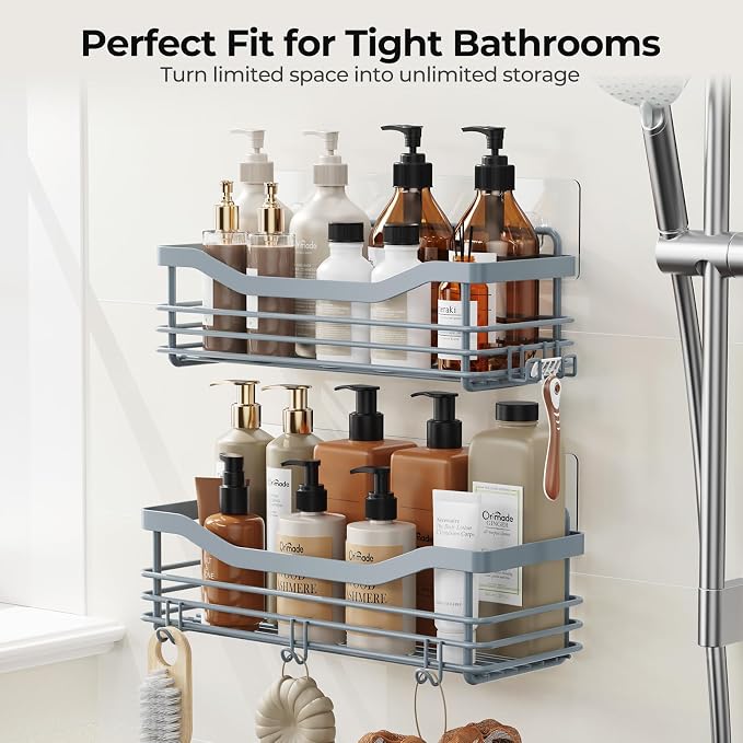 Orimade Shower Caddy Basket Shelf Storage Rack, No Drilling Wall Mounted Adhesive Rust Resistant Stainless Steel Shower Organizer with 5 Hooks for Bathroom, Light Blue Grey 2 Pack
