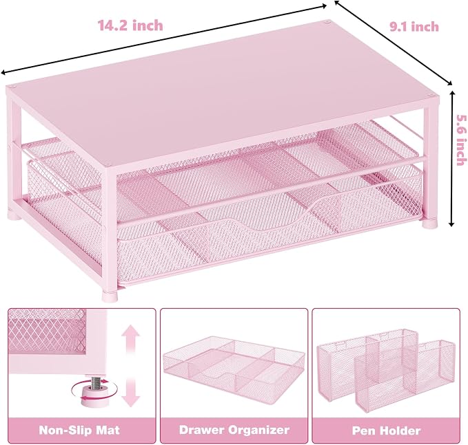 OPNICE Desk Organizer and Accessories, 2-Tier Computer Monitor Stand Riser with Drawer and 2 Pen Holders, Laptop Stand, Office Desk Accessories for Office Supplies, 1 Pack, Pink