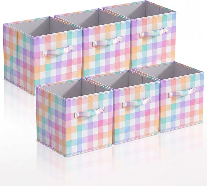 6 Pcs 11 Inch Pastel Checked Fabric Storage Cube Bin Woven Foldable Gingham Storage Cube for Classroom Basket Bin Organizer with Handle Decor for Organizing Clothes, Toy, Book