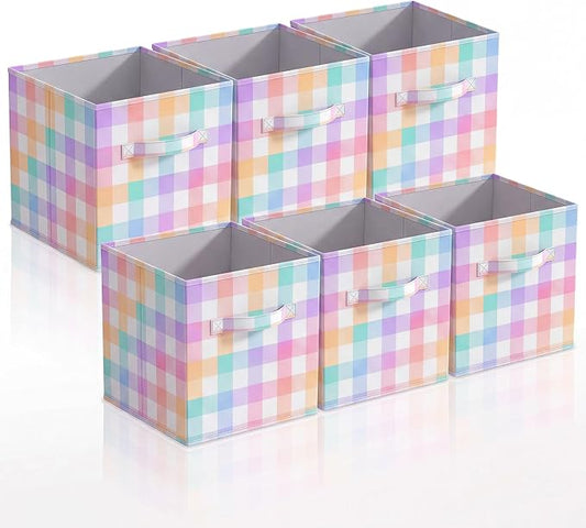 6 Pcs 11 Inch Pastel Checked Fabric Storage Cube Bin Woven Foldable Gingham Storage Cube for Classroom Basket Bin Organizer with Handle Decor for Organizing Clothes, Toy, Book
