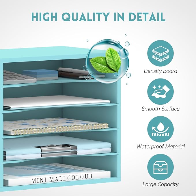 5 Tier Wood Desk Organizer, Mail Sorter and Paper Organizer for Desk, Blue | Wooden Desktop Organizer for Sorting Papers, Letters and Mails, Literature Organizer for Home Office, Classroom Organization
