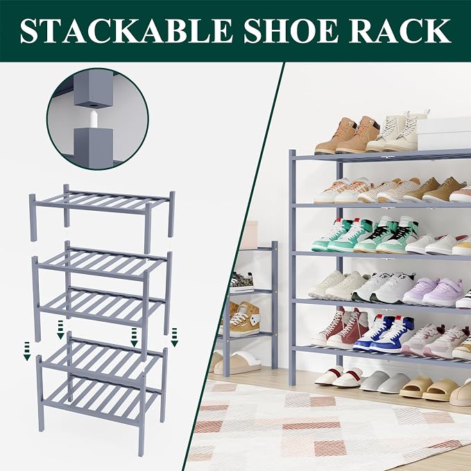 Smiry Bamboo Shoe Rack, 12 Vertical Slats, 5 Tier - 33.7" Wide, Grey | Stackable Free Standing Wooden Shoe Organizer, Wood Shoe Storage Shelf for Closet, Entryway