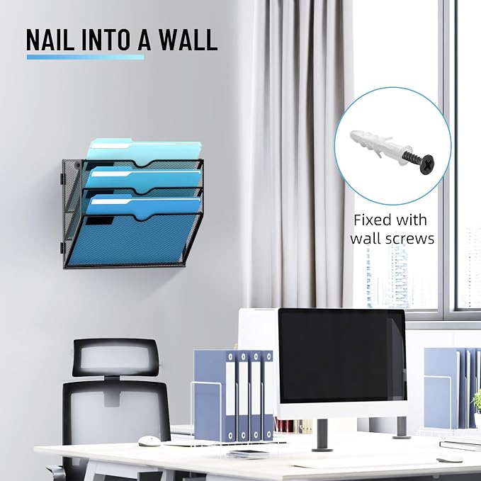 SUPEASY 3-Tier Hanging Wall File Organizer with Hooks, 2 Pack | Mesh Wall File Holder, Mail Organizer Wall Mounted for Papers, Documents, Folders and Magazines in Home Office, Classroom
